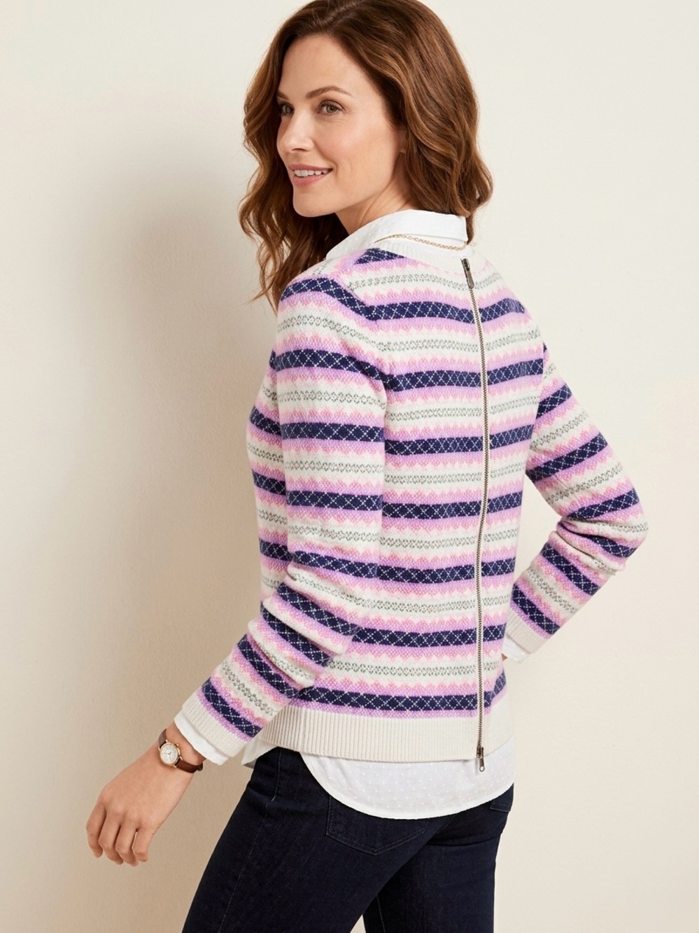 Talbots Fair Isle Stripe Full Back Zip Sweater Crewneck XS